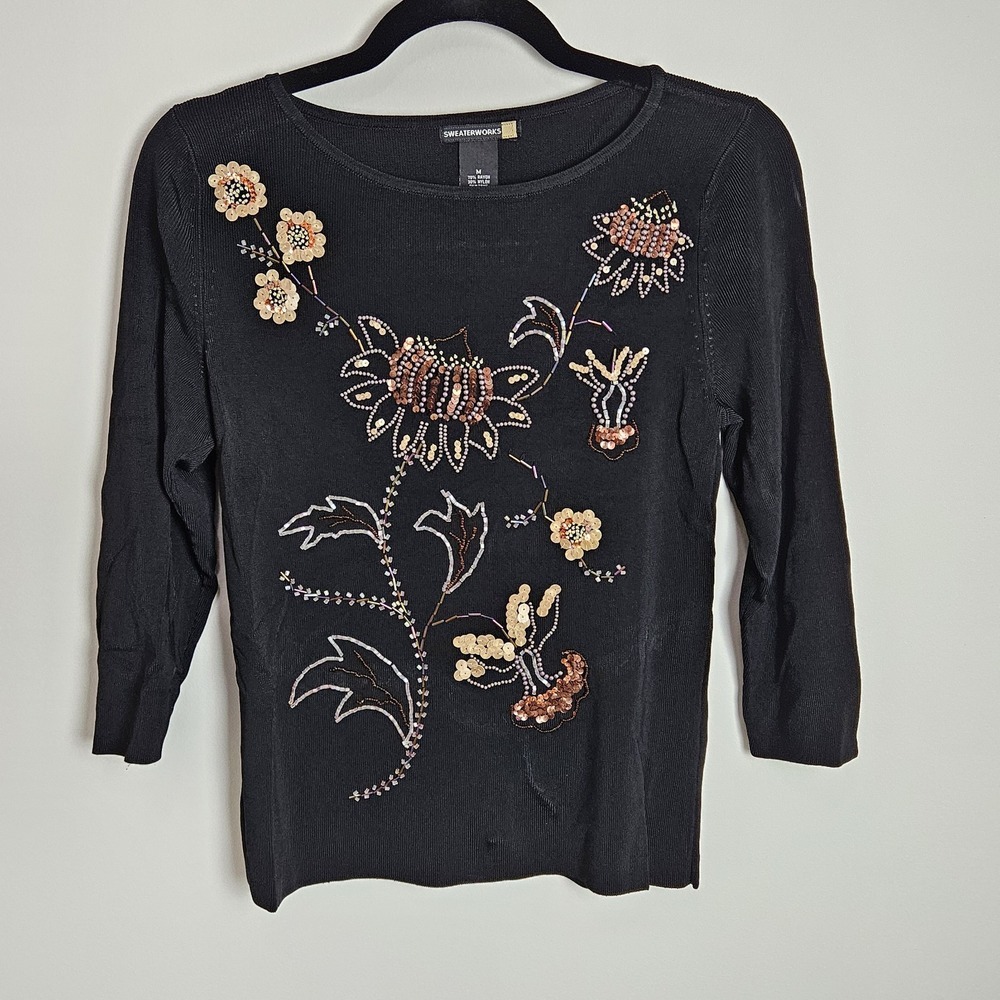 Sweaterworks Women's Size M Embellished Top Beaded Sequin Metallic Floral Blouse